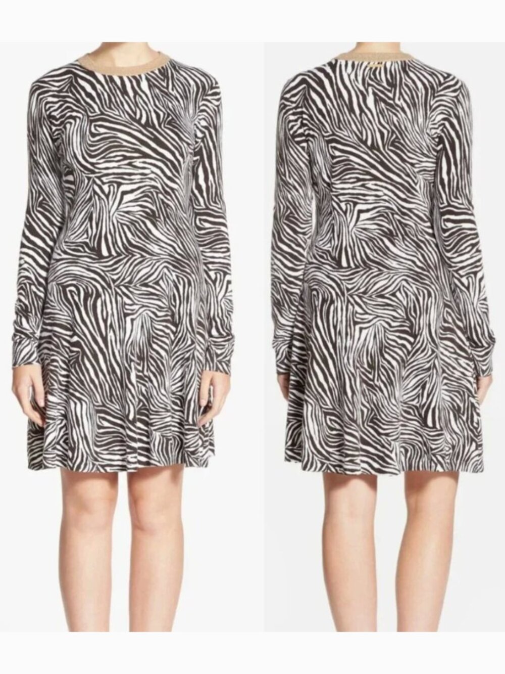 MICHAEL MICHAEL KORS Animal Print Metallic Sweater Dress Brown White Zebra Work